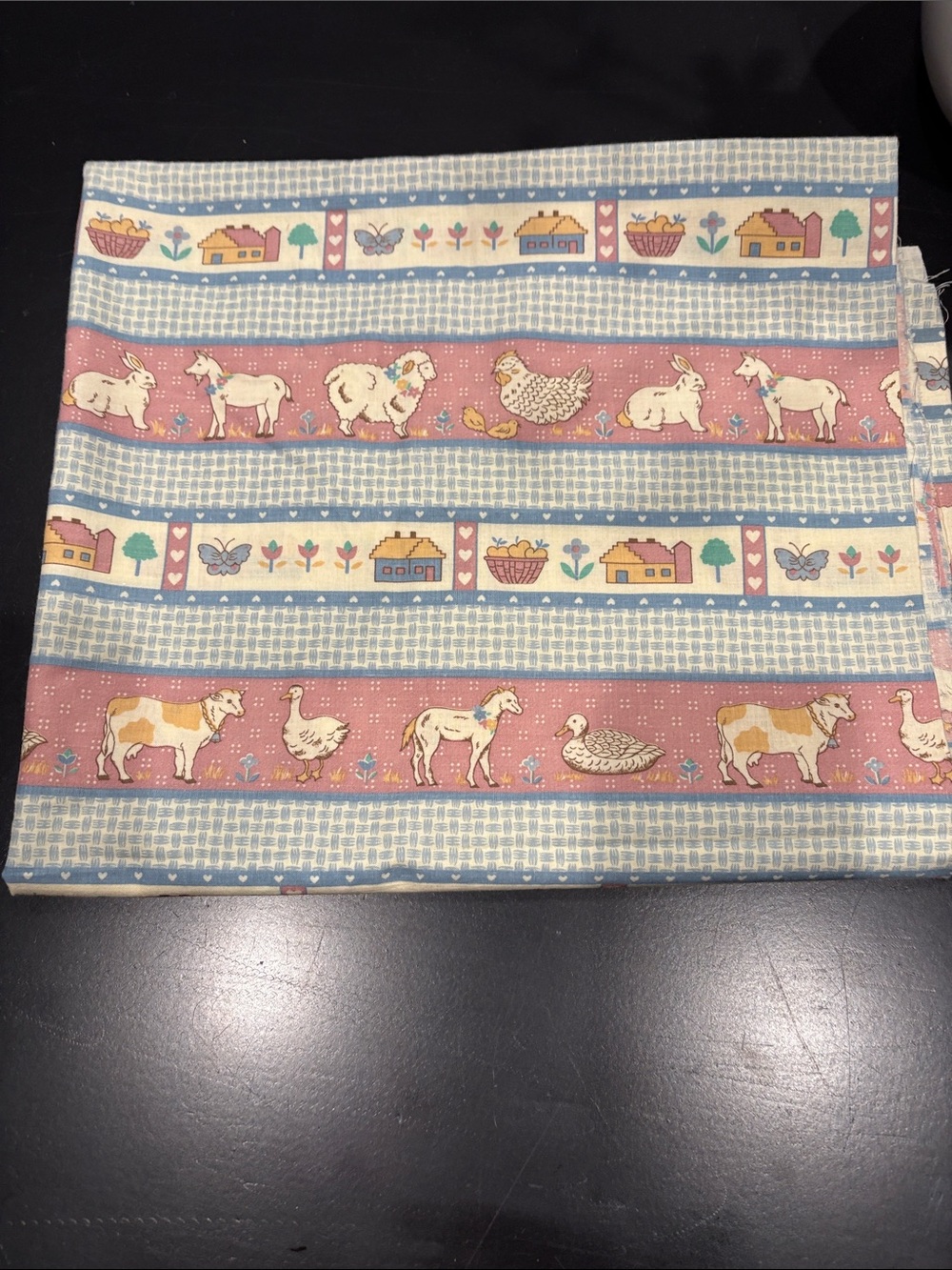Vintage cloth 43x51 Farm Animal Printed Cotton Fabric in Pink and Blue